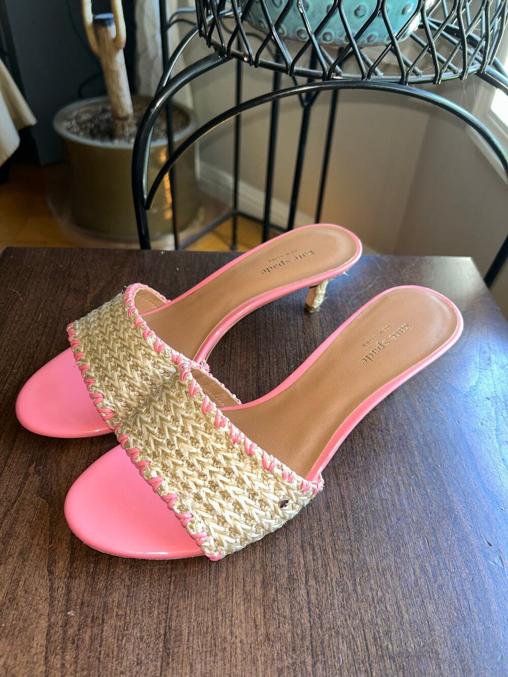 Kate Spade New York Raffia kitten heel sandals pink leather woven straw size 10